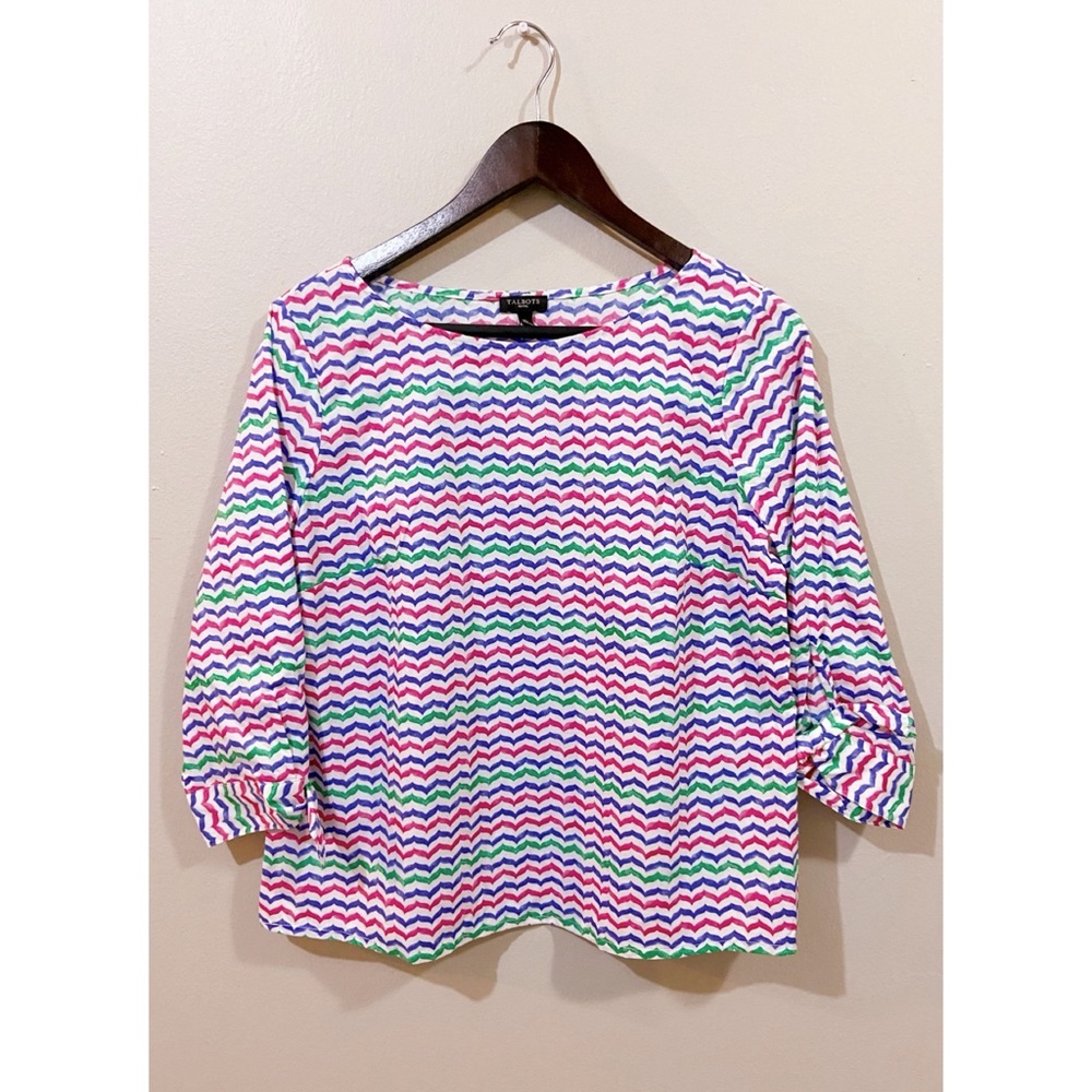 Talbots Womens Pink, Green Multi Printed Blouse 3/4 Sleeve Size Mp